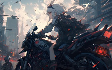AI Art, Anime Girls, Motorcycle, Clouds, Women with Motorcycles, City Wallpaper