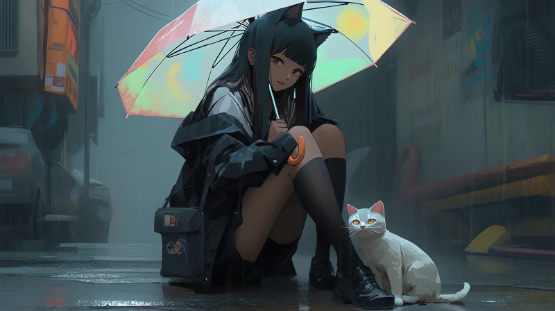Anime, Anime Girls, Cats, Sitting Wallpaper