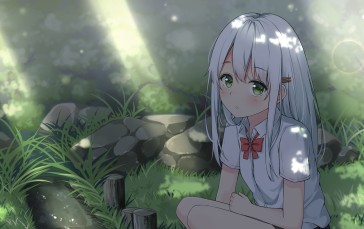 Anime Girls, Artwork, White Hair, Green Eyes Wallpaper