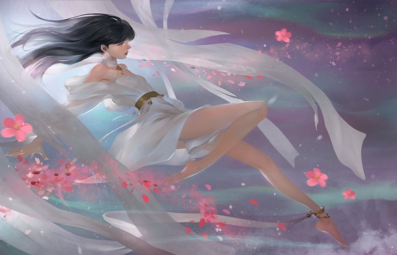 Jay JiwooPark, Fantasy Girl, Artwork, Fantasy Art, White Dress, Sky Wallpaper