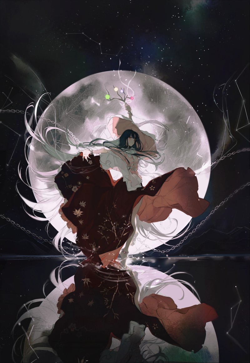 Anime, Anime Girls, Portrait Display, Moon, Reflection Wallpaper