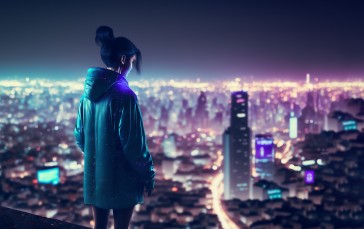 AI Art, Illustration, Cyberpunk, Rooftops, City, Night Wallpaper