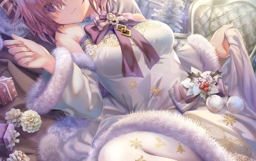 Anime, Anime Girls, Portrait Display, Lying on Back, Flowers, Christmas Presents Wallpaper