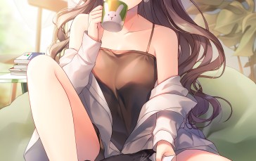 Anime, Anime Girls, Drinking, Cats, Brunette Wallpaper