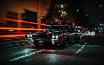 AI Art, Dodge Challenger, Driving, Night, City Wallpaper