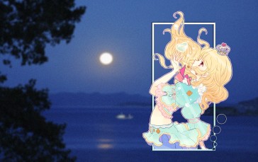 Picture-in-picture, Lake, Moon, Moonlight, Anime Girls, Long Hair Wallpaper