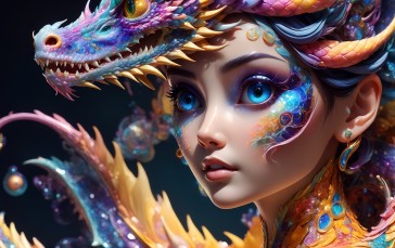 AI Art, CGI, Colorful, Dragon Girl, Blue Eyes Wallpaper