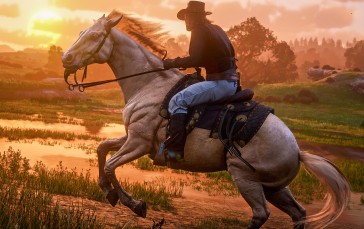 Red Dead Redemption 2, Screen Shot, Water, Horse Riding, Horseback, Video Game Characters Wallpaper