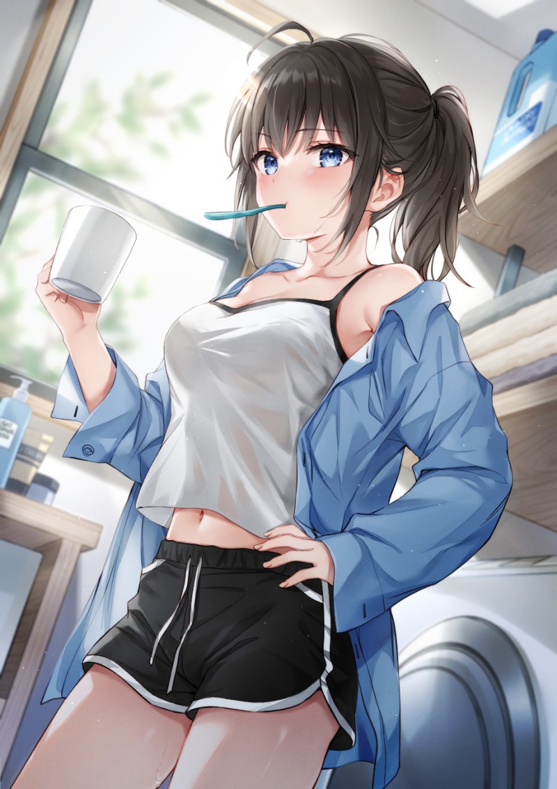 Anime, Anime Girls, Short Shorts, Blushing, Cup, Toothbrush Wallpaper