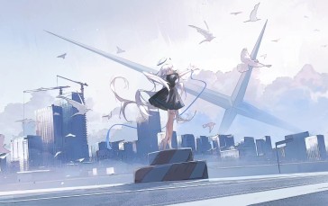 Axle, Anime Girls, White Hair, Birds Wallpaper