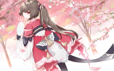 Anime Girls, Lingyuan, Cherry Trees, Fans, Red Eyes Wallpaper
