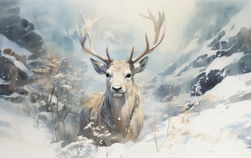 AI Art, Winter, Snow, Deer, Painting, Antlers Wallpaper