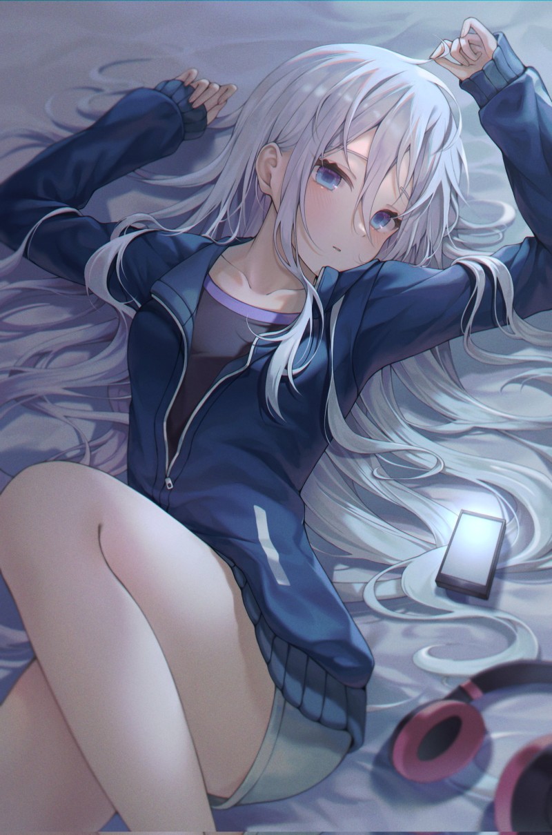 Anime Girls, White Hair, Blue Eyes, Lying on Back Wallpaper