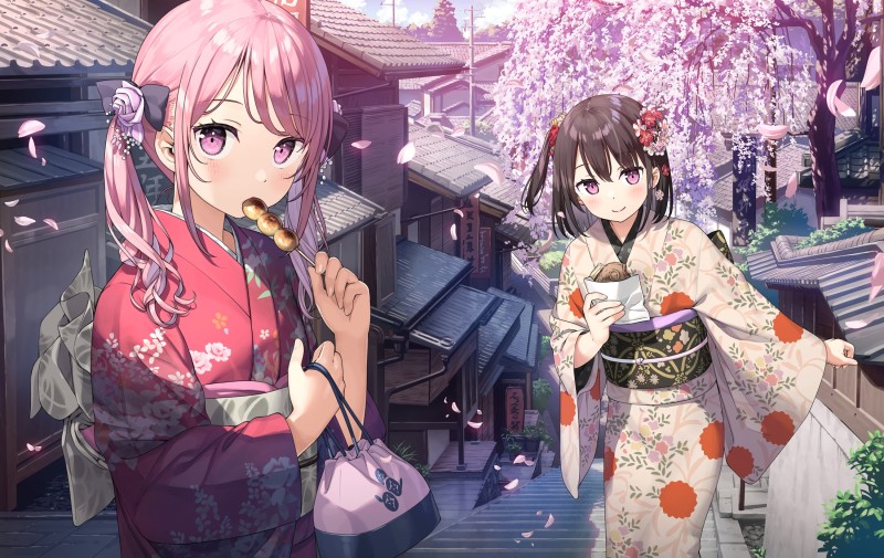 Anime, Anime Girls, Kimono, Blushing, Food Wallpaper