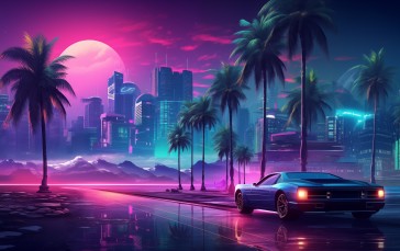 AI Art, Illustration, Synthwave, Palm Trees Wallpaper