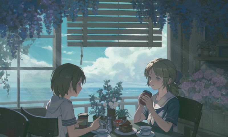 Anime Girls, Sitting, Schoolgirl, School Uniform, Sunlight Wallpaper