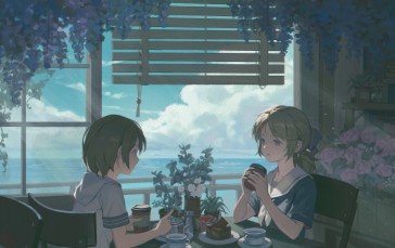 Anime Girls, Sitting, Schoolgirl, School Uniform, Sunlight Wallpaper