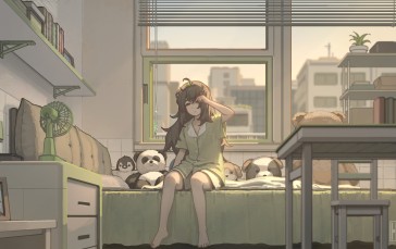 Anime Girls, Bedroom, Long Hair, Plush Toy Wallpaper