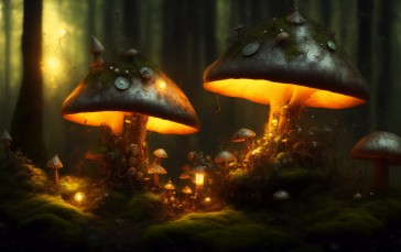 AI Art, Nature, Mushroom, Forest, Trees Wallpaper