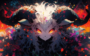 AI Art, Horns, Anime Girls, Colorful, White Hair, Glowing Eyes Wallpaper