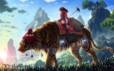 Tiger, Anime Girls, Nature, Mountains, Weapon Wallpaper