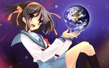 The Melancholy of Haruhi Suzumiya, Suzumiya Haruhi, World, Planet, Space, Stars Wallpaper