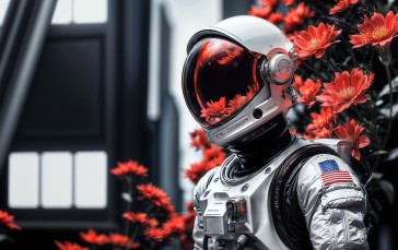 AI Art, Helmet, Astronaut, Flowers, Closeup Wallpaper