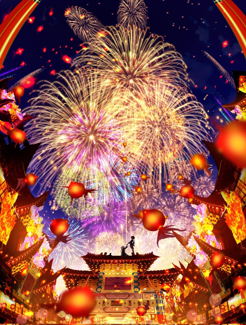 Fireworks, New Year, Makoron117, Portrait Display, Anime Girls, Lantern Wallpaper