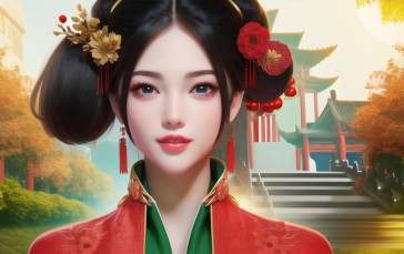 AI Art, Asian, Women, Looking at Viewer, Stairs, Face Wallpaper