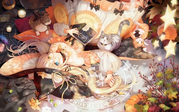Anime Girls, Witch Hat, Lying Down, Lying on Back, Heterochromia Wallpaper