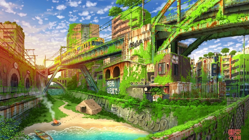 Anime, Paisaje Soulworker, Anime City, Water, Fire, Boat Wallpaper