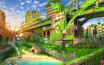 Anime, Paisaje Soulworker, Anime City, Water, Fire, Boat Wallpaper