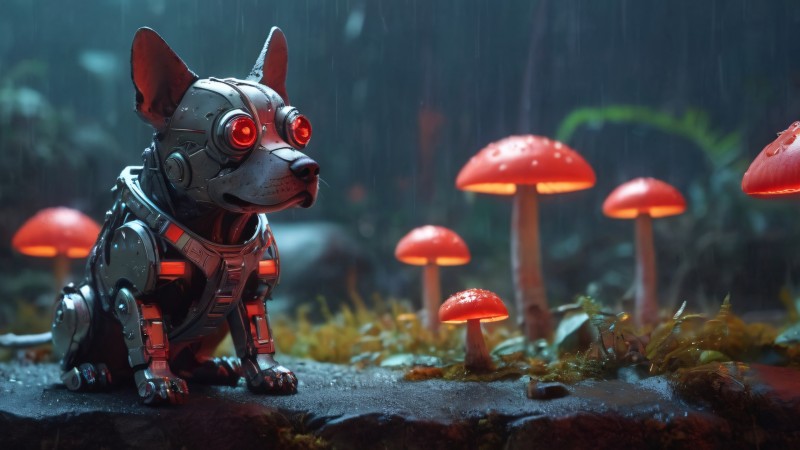 AI Art, Dog, Mushroom, Rain, Cyberpunk Wallpaper