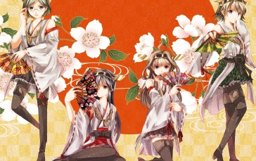 Kantai Collection, Leaves, Kongou (KanColle), Fans, Hiei (Azur Lane), Standing Wallpaper