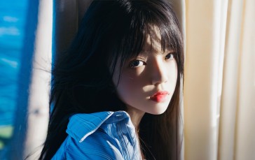 CherryNeko, Black Hair, Blue Blouse, Lips Wallpaper