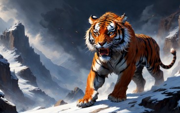 AI Art, Tiger, Angry, Snowy Mountain, Snow, Pointy Teeth Wallpaper