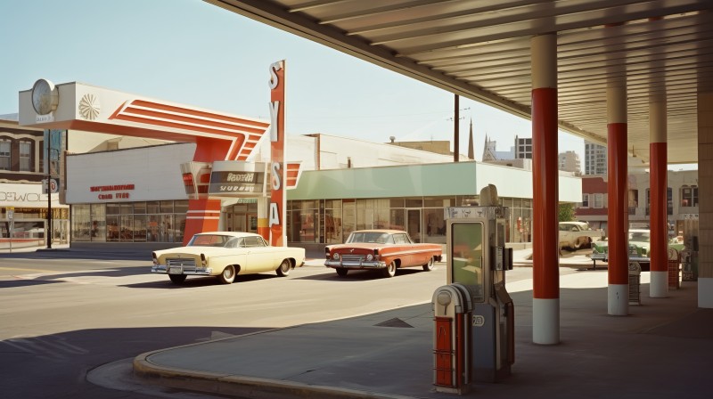 AI Art, 1950s, Car, Gas Station, City Wallpaper
