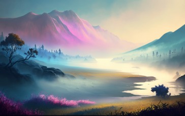 AI Art, Illustration, Mountains, Landscape, Painting, Mist Wallpaper