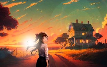 Anime Girls, Schoolgirl, Sunset, Afternoon, Long Hair, Brunette Wallpaper