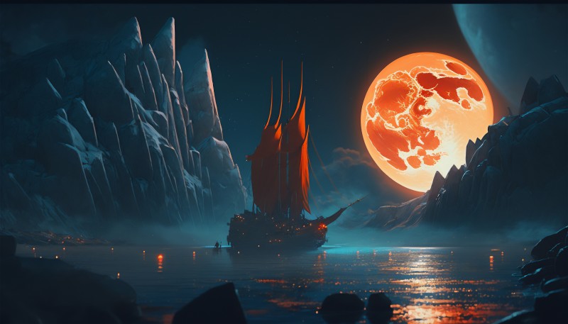 AI Art, Moon, Lake, Ship Wallpaper