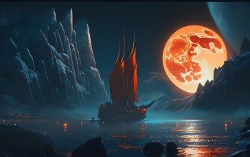 AI Art, Moon, Lake, Ship Wallpaper