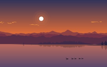 Lake, Sunset, Minimalism, Flat Art, Mountains Wallpaper