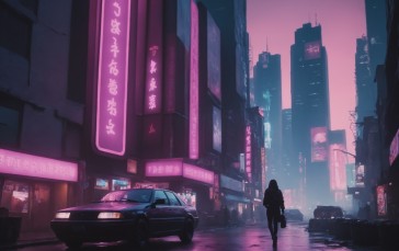 AI Art, Neon, Futuristic City, Night Wallpaper