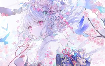 Anime, Anime Girls, Flower in Hair, Long Hair, Birds, Animals Wallpaper