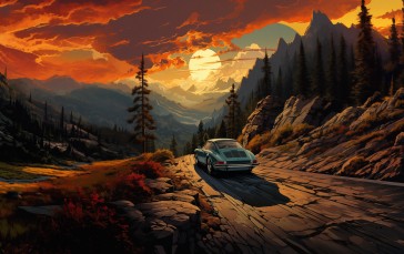 AI Art, Car, Vehicle, Rear View, Mountains Wallpaper