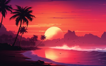 Synthwave, Sunset, Digital Art, Palm Trees, Sea, Sun Wallpaper