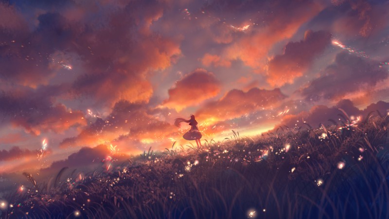 Anime, Anime Girls, Sunset, Sunset Glow, Sky, Clouds Wallpaper