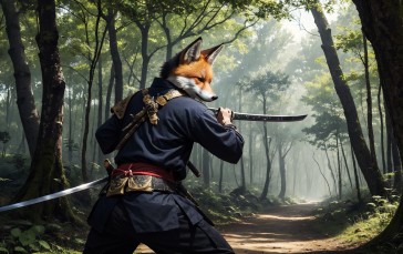 AI Art, Fox, Samurai, Forest, Trees Wallpaper