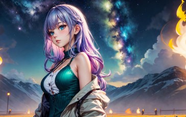 AI Art, Anime Girls, Purple Hair, Colorful Wallpaper
