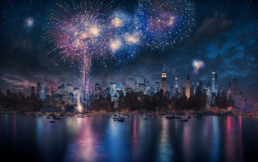 Skyline, Fireworks, Water, Clouds Wallpaper